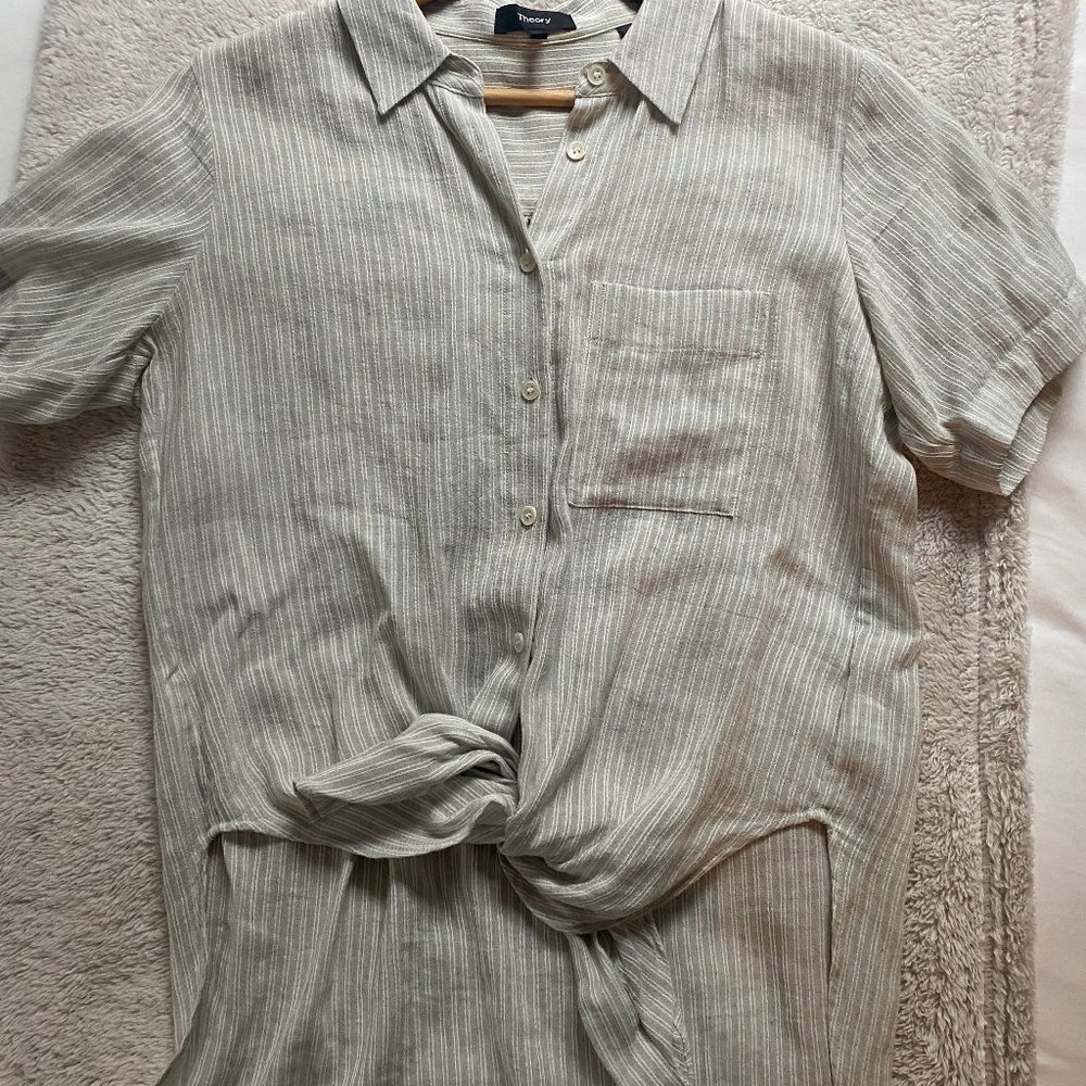 Theory  button down shirt beige and white srtipe